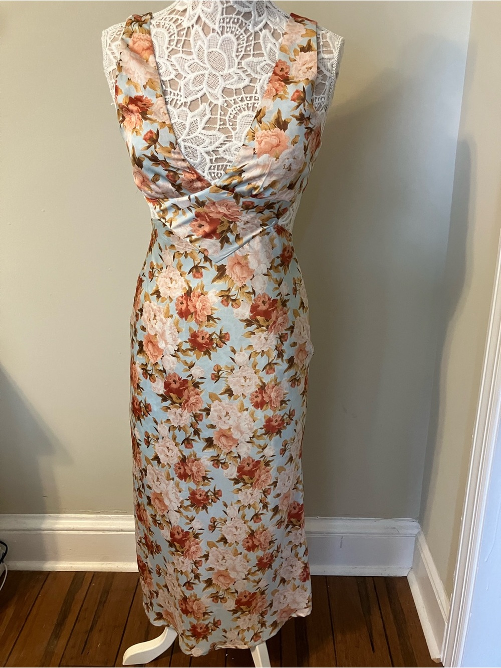 Hello Molly Light Blue Floral Maxi Slip Dress with Peach Blooms